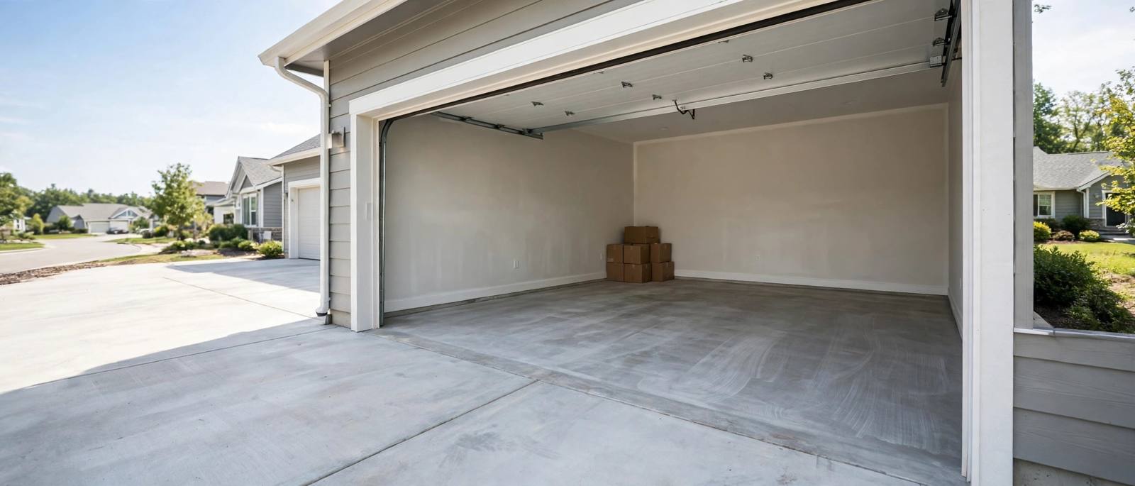 A clean empty garage and driveway after a junk removal